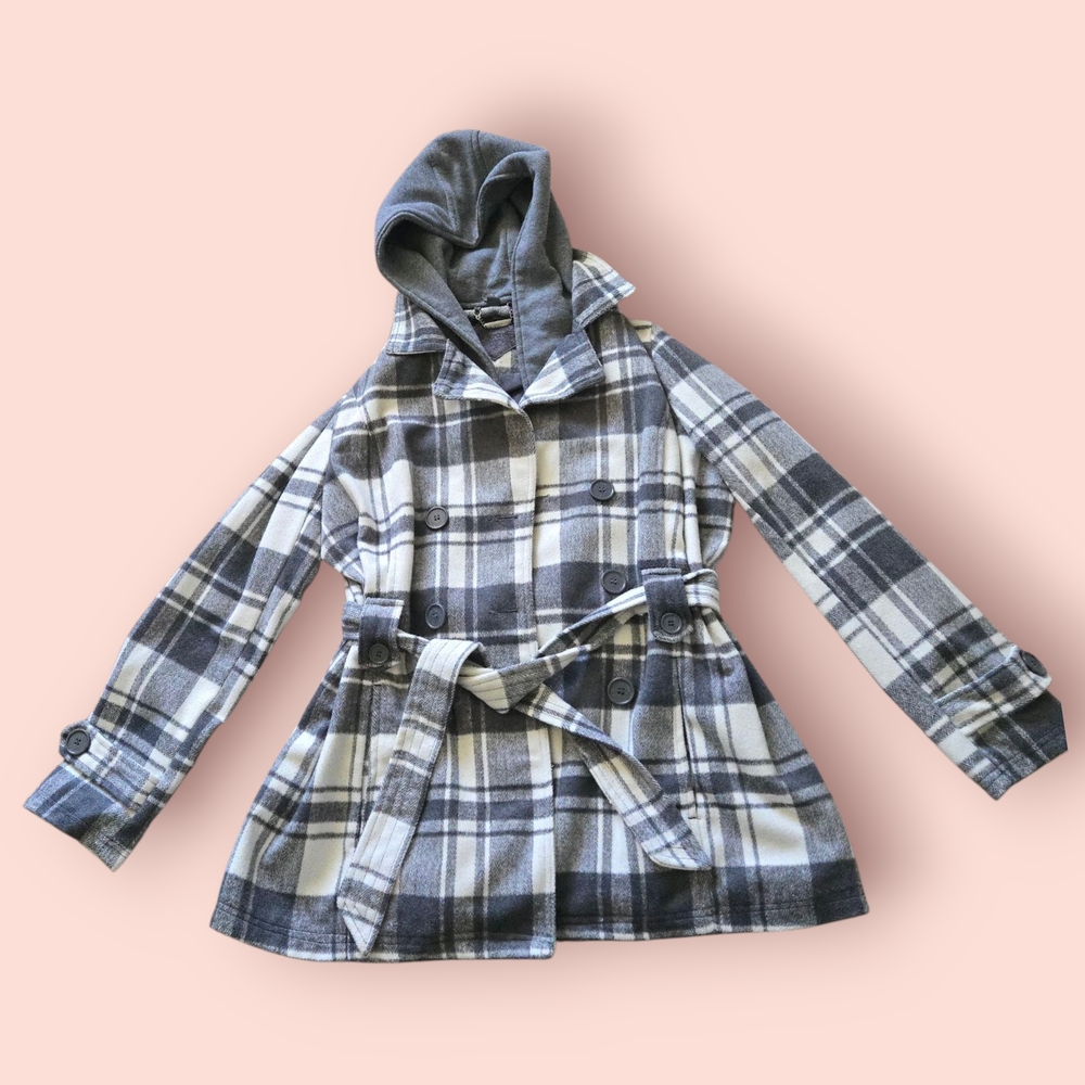 Jou Jou Plaid Pea Coat with Hood - Black, Gray, White
